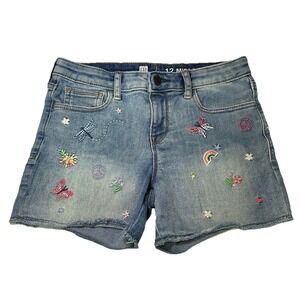 Gap Denim Shorts Girls Size 12 Blue Embroidered Raw Hem Cut-Offs 5 Pockets Zip